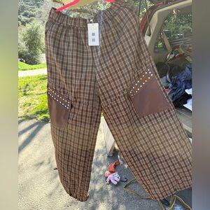 Muse Brown Plaid Cargo Pants with Studded Pockets
